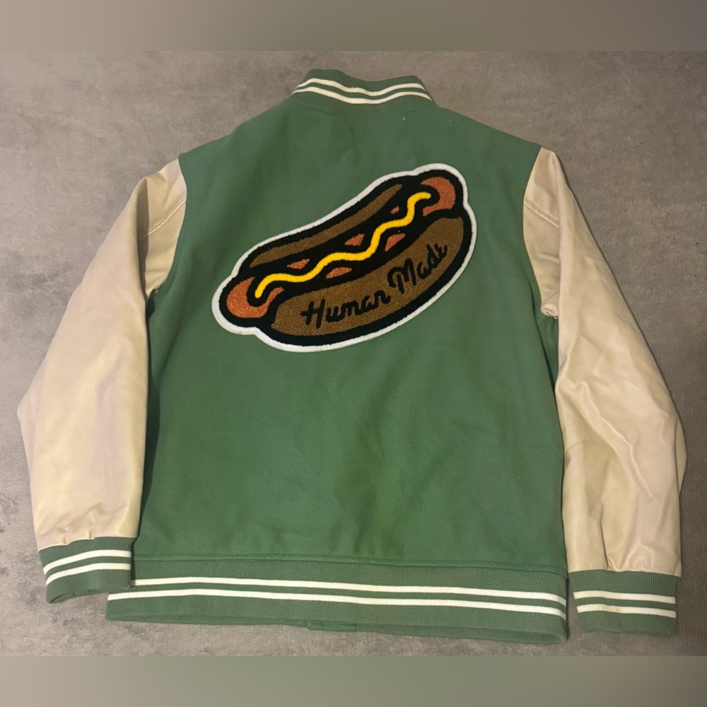 Human Made Varsity Jacket Green Wool Leather Hot Dog Logo Size XL Y2K Rare Tiger